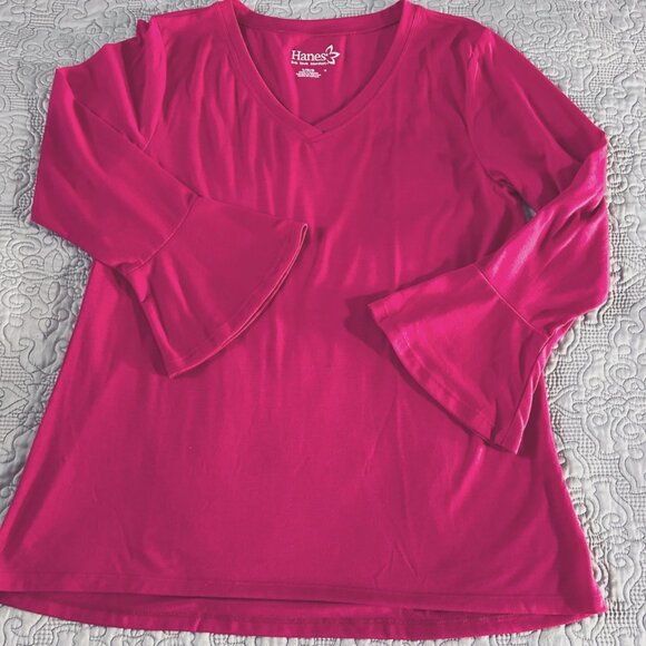 Hot Pink Hanes Ladies T-Shirt with bell sleeves, size L,  EUC - Picture 1 of 4